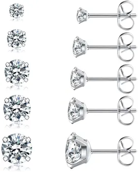 5 Pairs Stud Earrings Set, Hypoallergenic Cubic Zirconia 316L Earrings Stainless Steel CZ Earrings 3-8mm, Rose Gold …