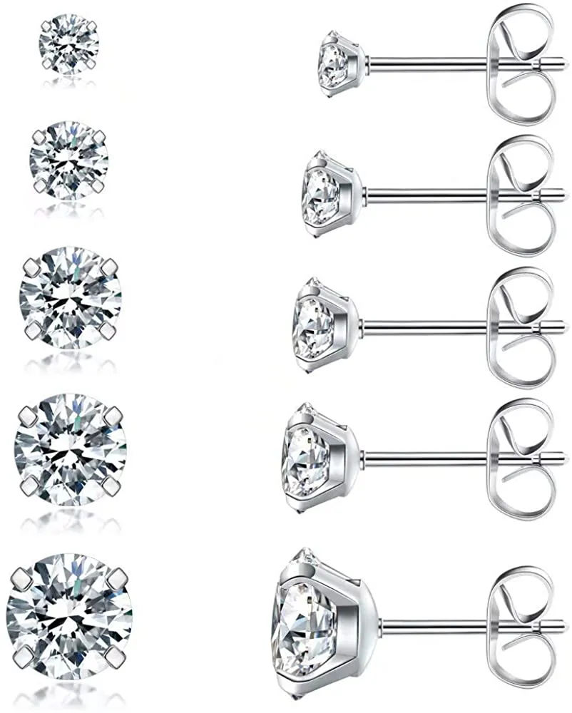 5 Pairs Stud Earrings Set, Hypoallergenic Cubic Zirconia 316L Earrings Stainless Steel CZ Earrings 3-8mm, Rose Gold …