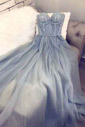 A Line Sweetheart Tulle Appliqued Prom Dresses Charming Long Party Dresses N2435