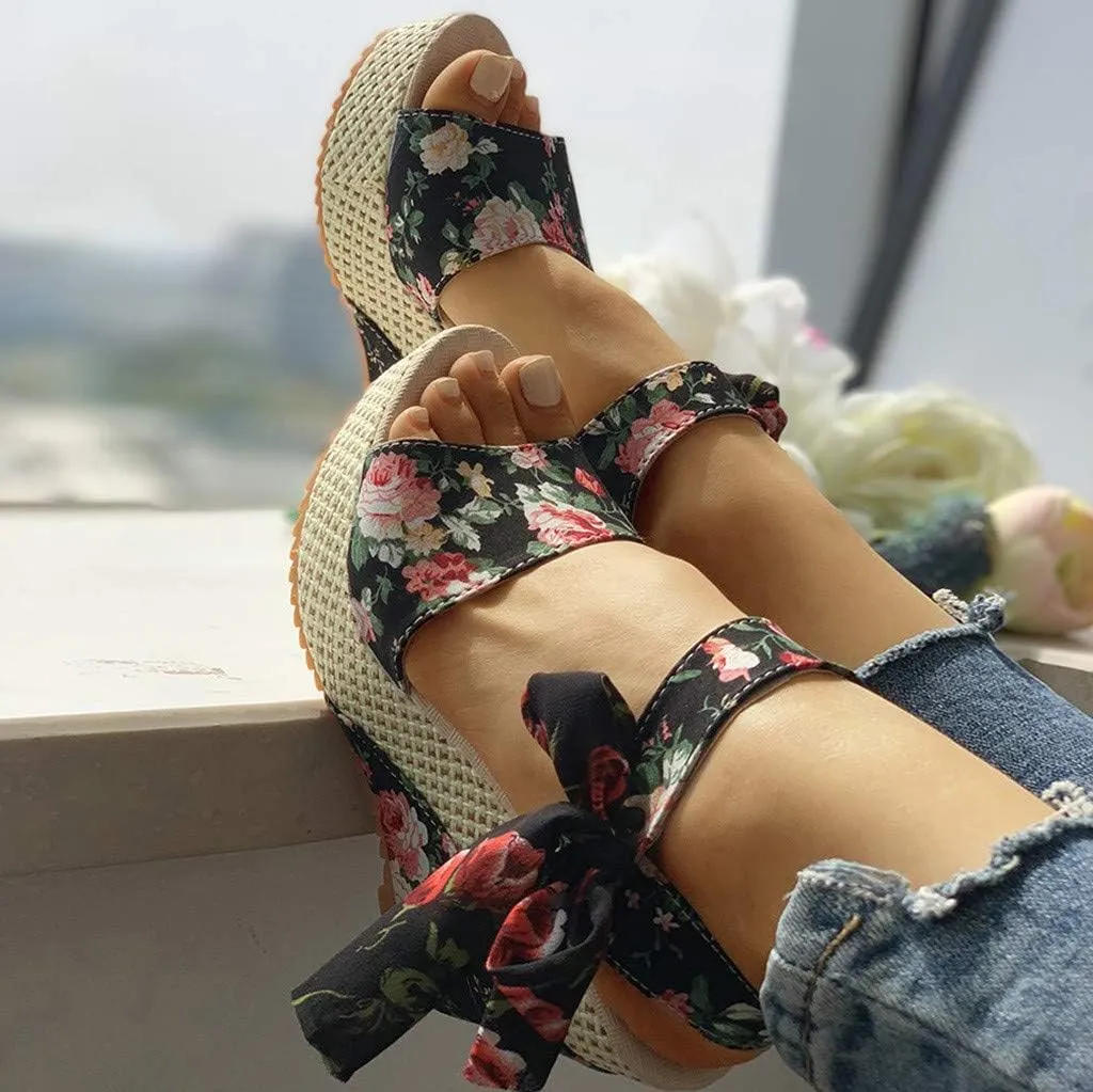 Aniywn Women Espadrilles Platform Wedges Heel Lace Up Sandals Elegant Floral Classic Ankle Strap Shoes