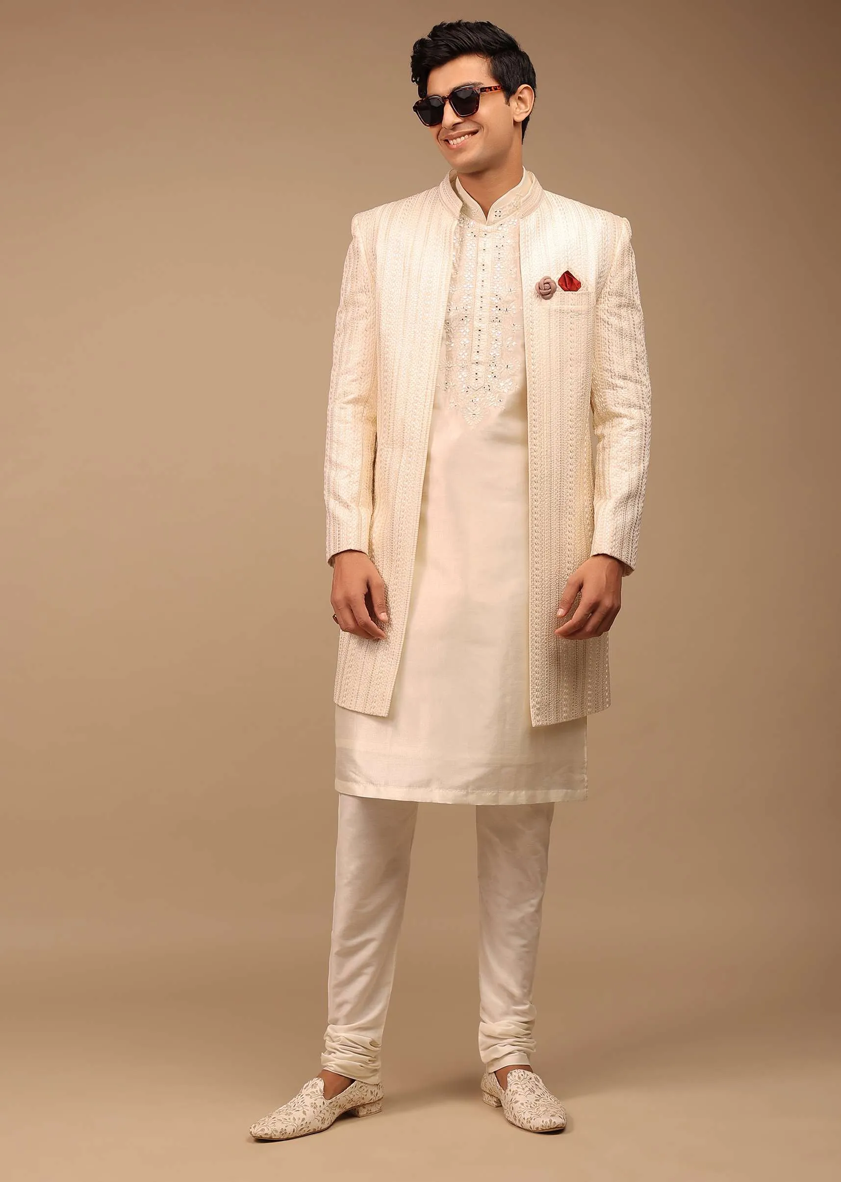 Cream Sherwani With Detailed Resham Work