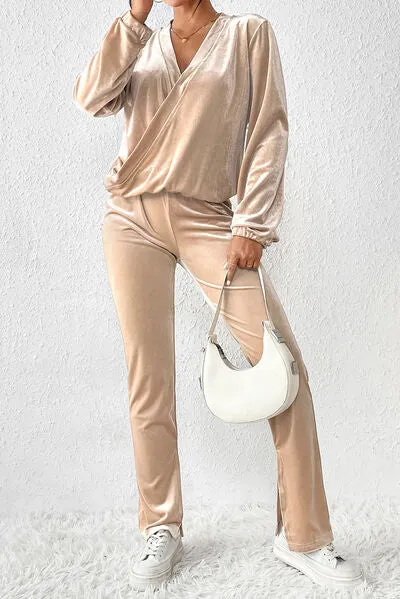 Elegant Tan Surplice Slit Pants Outfit