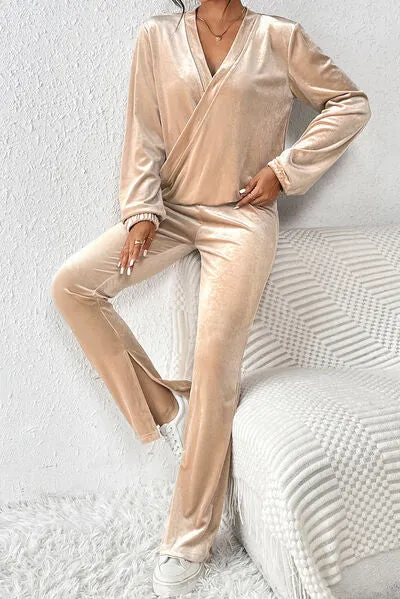 Elegant Tan Surplice Slit Pants Outfit