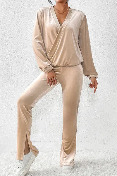 Elegant Tan Surplice Slit Pants Outfit
