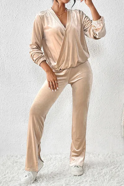 Elegant Tan Surplice Slit Pants Outfit