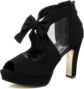 GATUXUS Open Toe Women Platform High Heel Shoes Bows Strappy Sandals