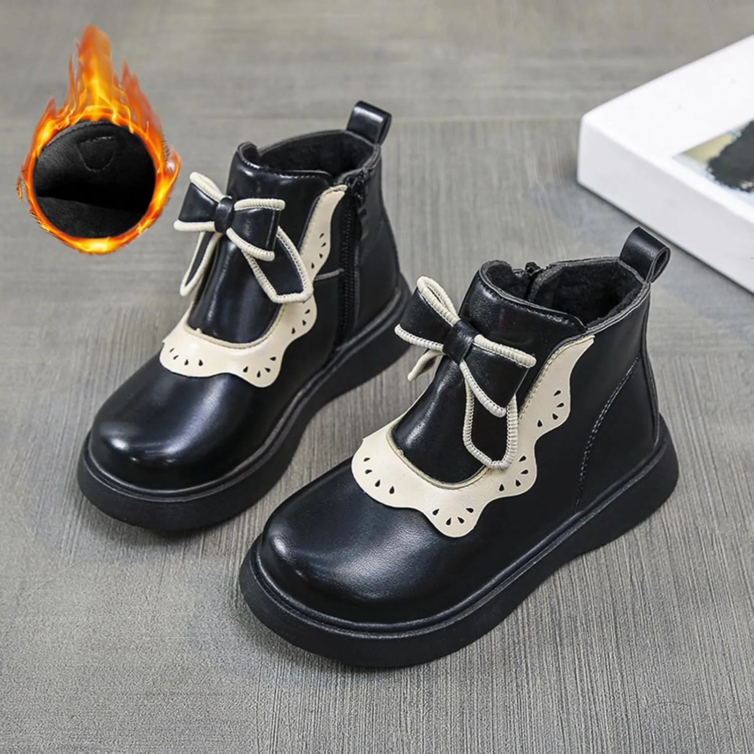 Girls Leather Ankle Boots Bowknot Warm Snow Shoes Baby Infant Non Slip Round Toe Warm Booties with Side Zipper