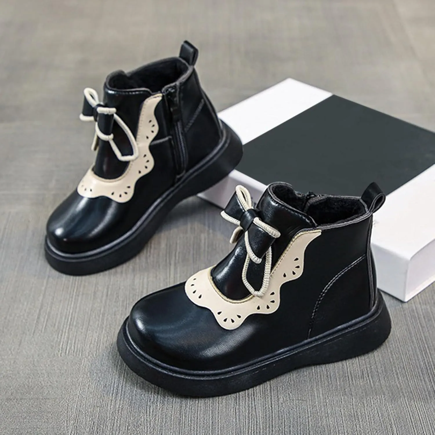 Girls Leather Ankle Boots Bowknot Warm Snow Shoes Baby Infant Non Slip Round Toe Warm Booties with Side Zipper