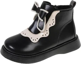 Girls Leather Ankle Boots Bowknot Warm Snow Shoes Baby Infant Non Slip Round Toe Warm Booties with Side Zipper