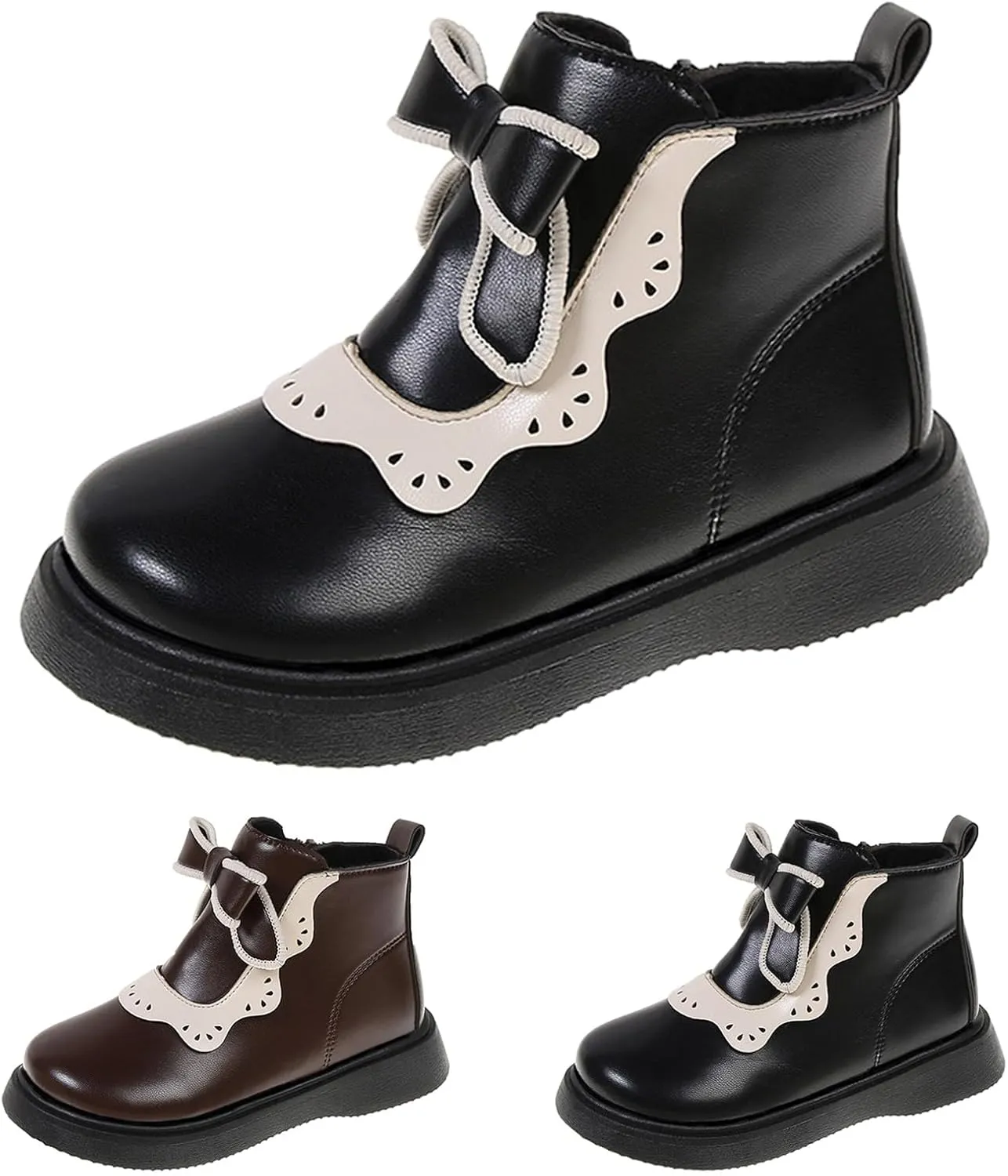 Girls Leather Ankle Boots Bowknot Warm Snow Shoes Baby Infant Non Slip Round Toe Warm Booties with Side Zipper