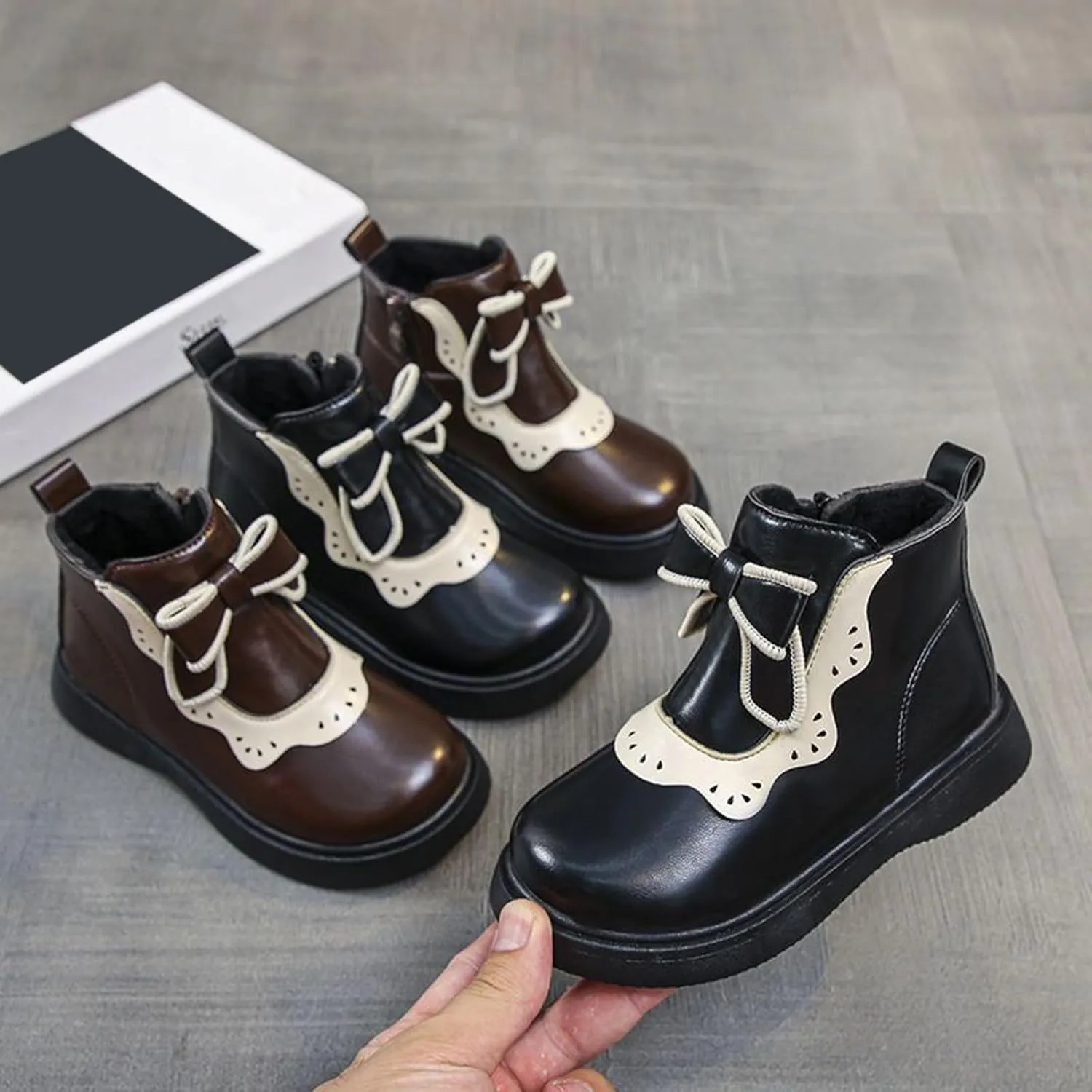 Girls Leather Ankle Boots Bowknot Warm Snow Shoes Baby Infant Non Slip Round Toe Warm Booties with Side Zipper