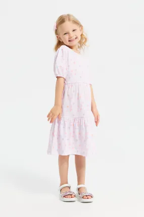 Girls Pink Printed Woven Tiered Dress