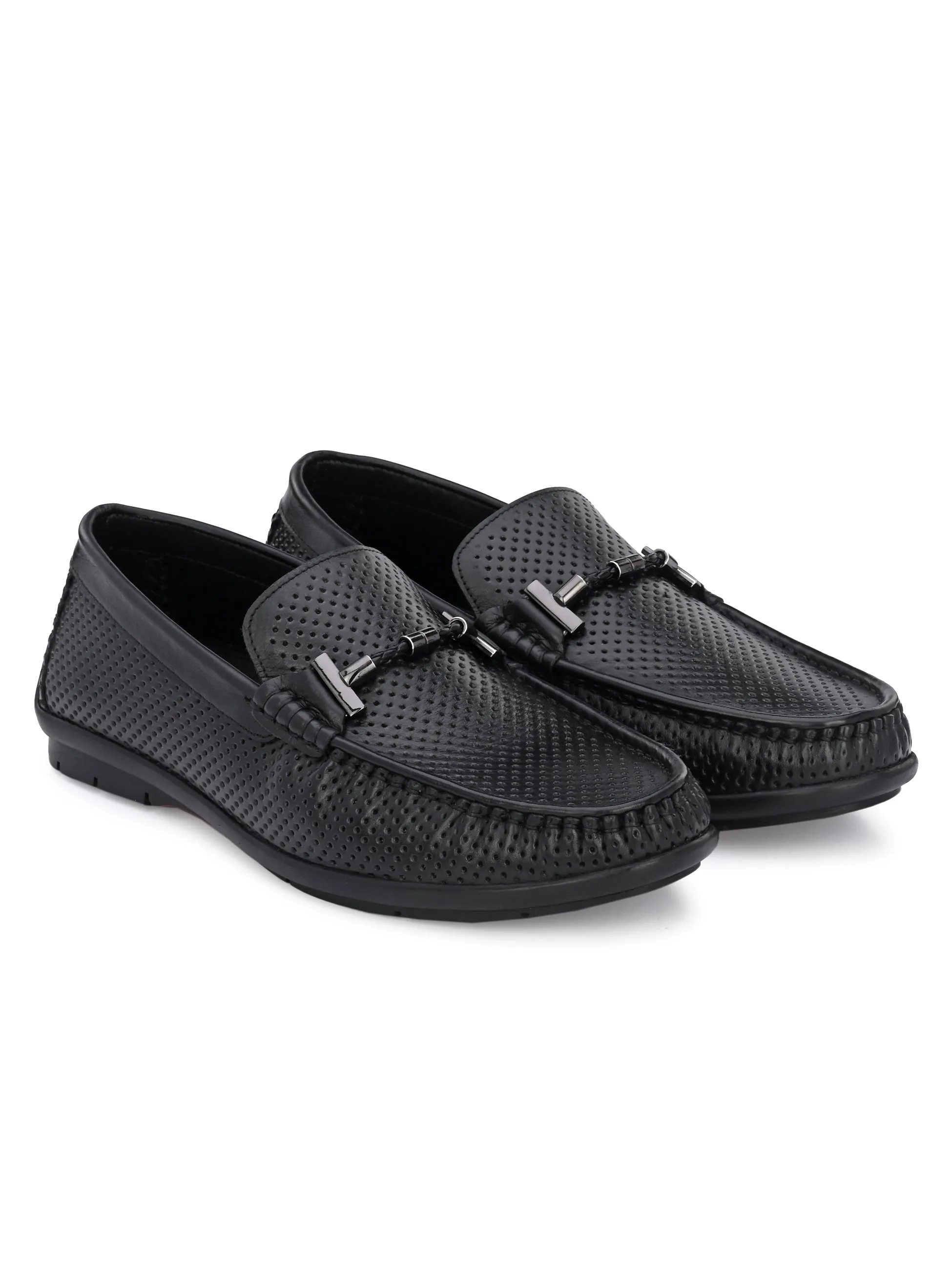 Hitz Men's Black Leather Loafer Shoes