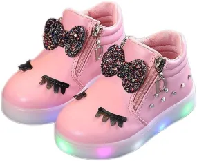 Kids Girls LED Bowknot Boots High Top Leather Zipper Pearl Luminous Shoes Flashing Lightweight Non-Slip Walking Shoes