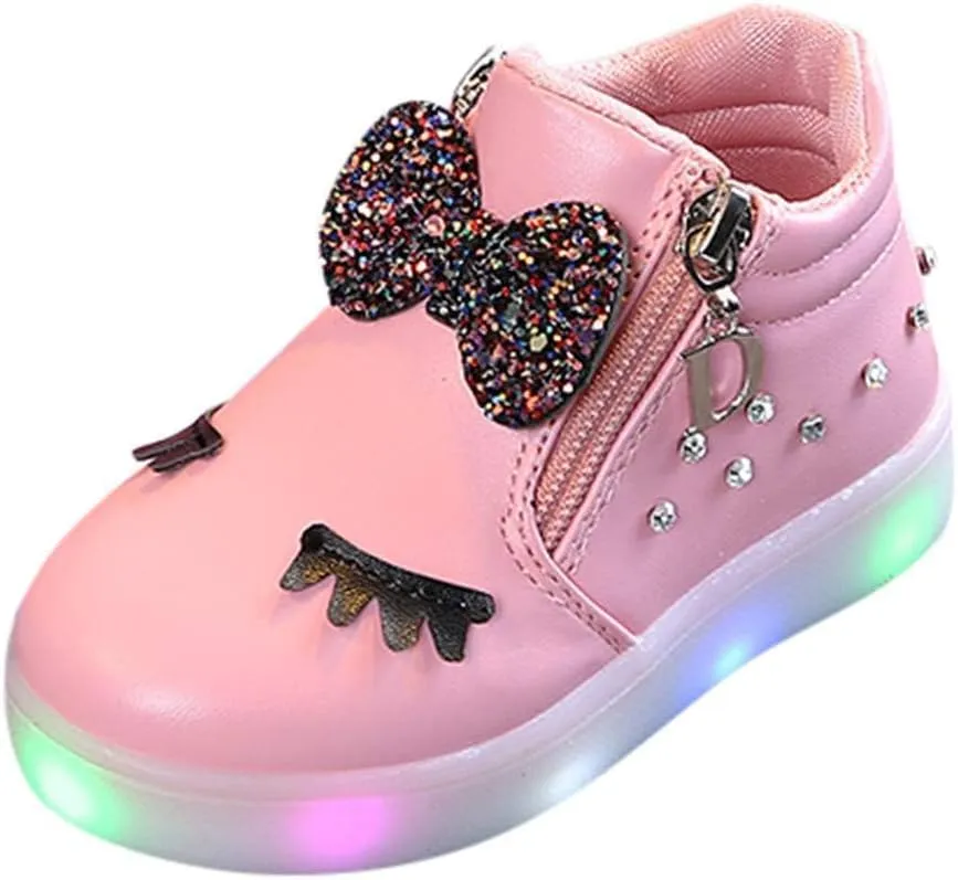 Kids Girls LED Bowknot Boots High Top Leather Zipper Pearl Luminous Shoes Flashing Lightweight Non-Slip Walking Shoes