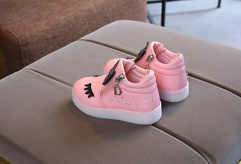Kids Girls LED Bowknot Boots High Top Leather Zipper Pearl Luminous Shoes Flashing Lightweight Non-Slip Walking Shoes
