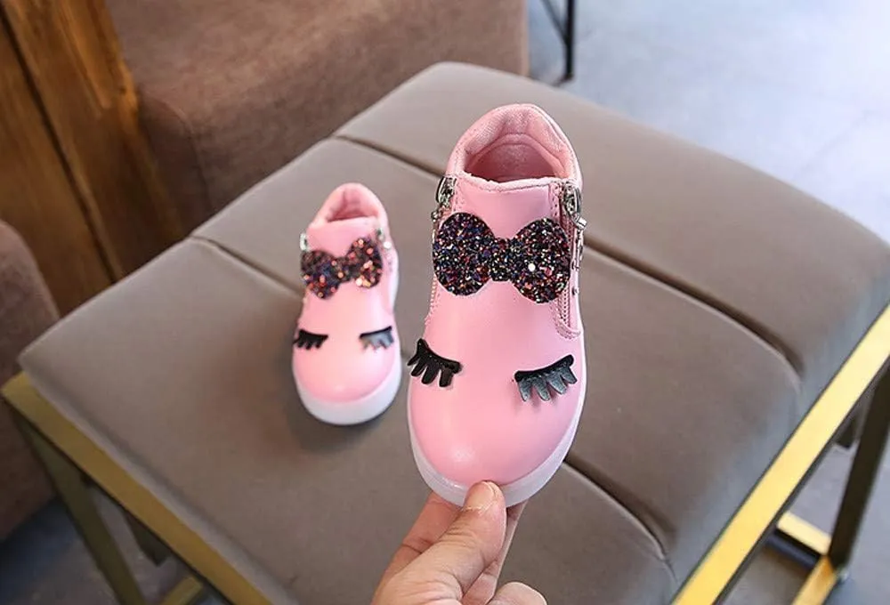 Kids Girls LED Bowknot Boots High Top Leather Zipper Pearl Luminous Shoes Flashing Lightweight Non-Slip Walking Shoes
