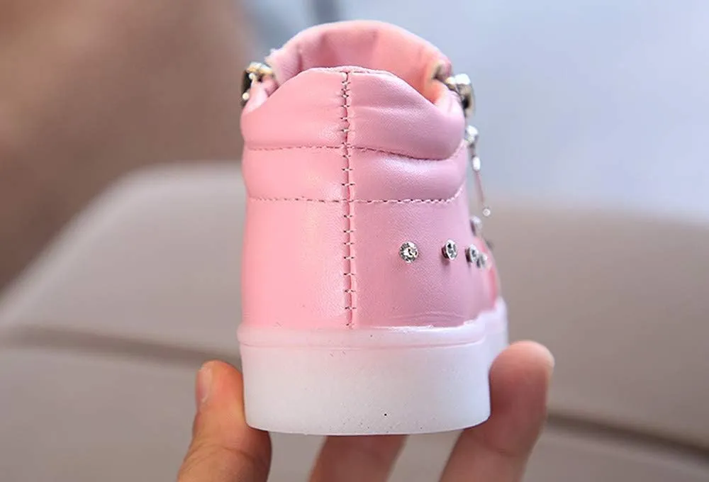Kids Girls LED Bowknot Boots High Top Leather Zipper Pearl Luminous Shoes Flashing Lightweight Non-Slip Walking Shoes