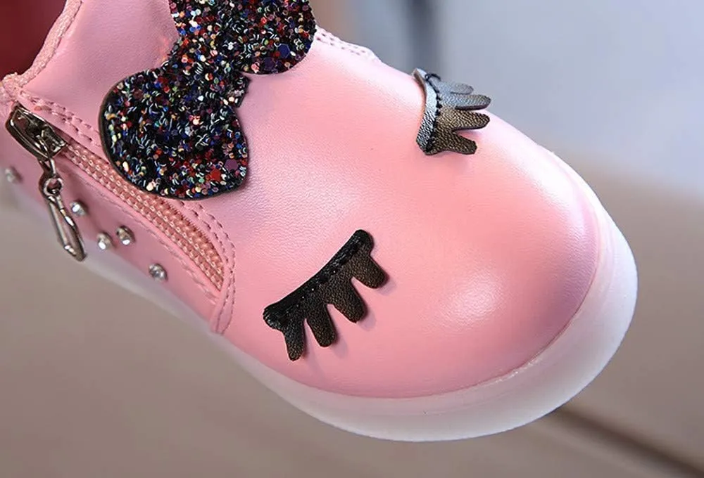 Kids Girls LED Bowknot Boots High Top Leather Zipper Pearl Luminous Shoes Flashing Lightweight Non-Slip Walking Shoes
