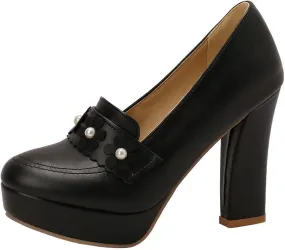 KISSASA Womens Chunky Platform High Heeled Loafers Round Toe Block Heel Pumps Slip On Dress Office Shoes