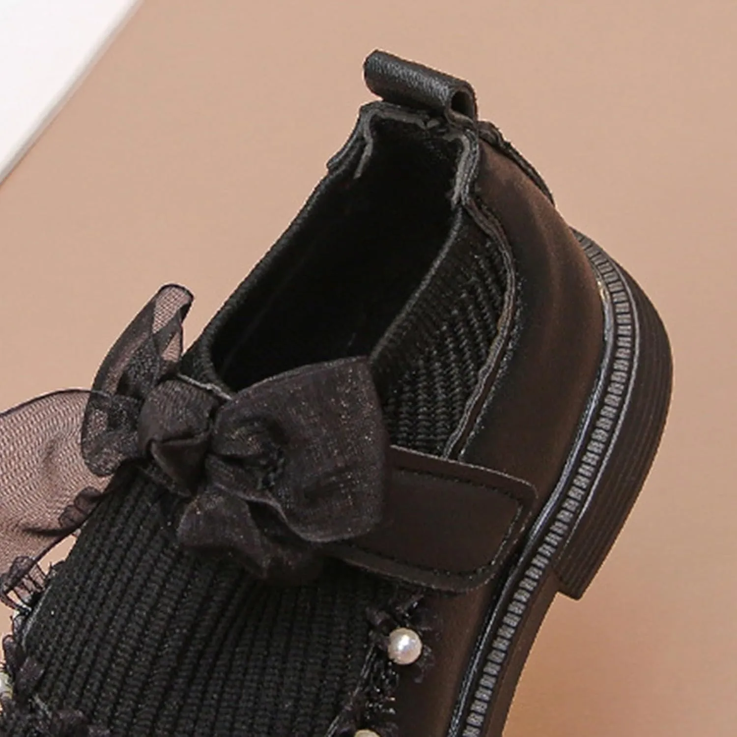 Mary Jane Girls Shoes Pearls Bow Knot School xford Flat Non-Slip Hook and Loop Leather Lightweight Shoes