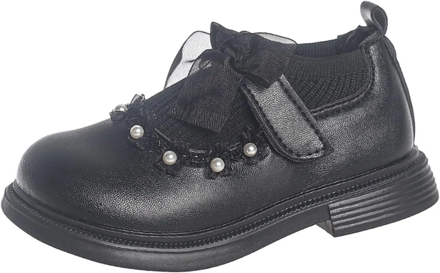 Mary Jane Girls Shoes Pearls Bow Knot School xford Flat Non-Slip Hook and Loop Leather Lightweight Shoes