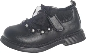 Mary Jane Girls Shoes Pearls Bow Knot School xford Flat Non-Slip Hook and Loop Leather Lightweight Shoes