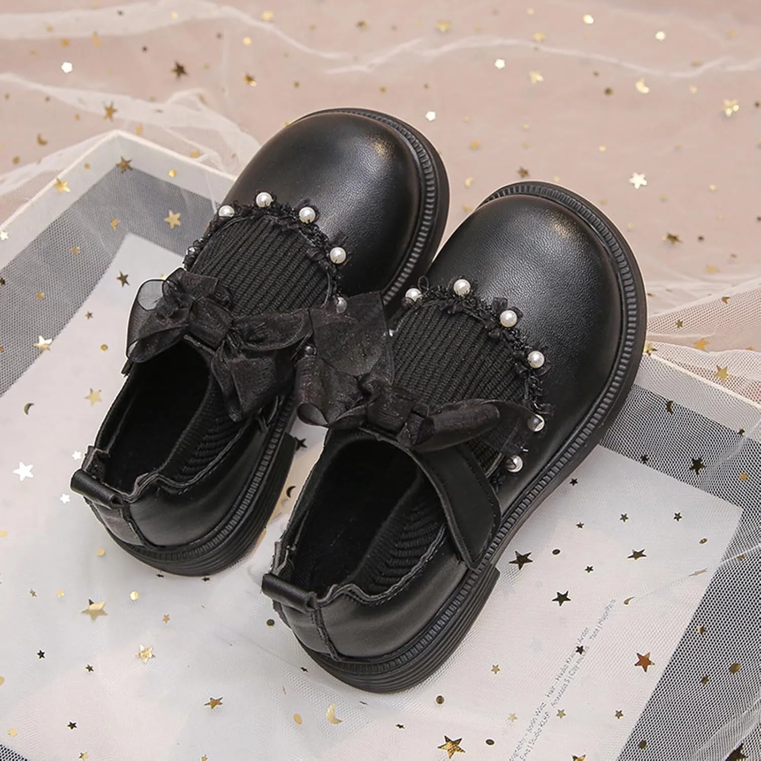 Mary Jane Girls Shoes Pearls Bow Knot School xford Flat Non-Slip Hook and Loop Leather Lightweight Shoes