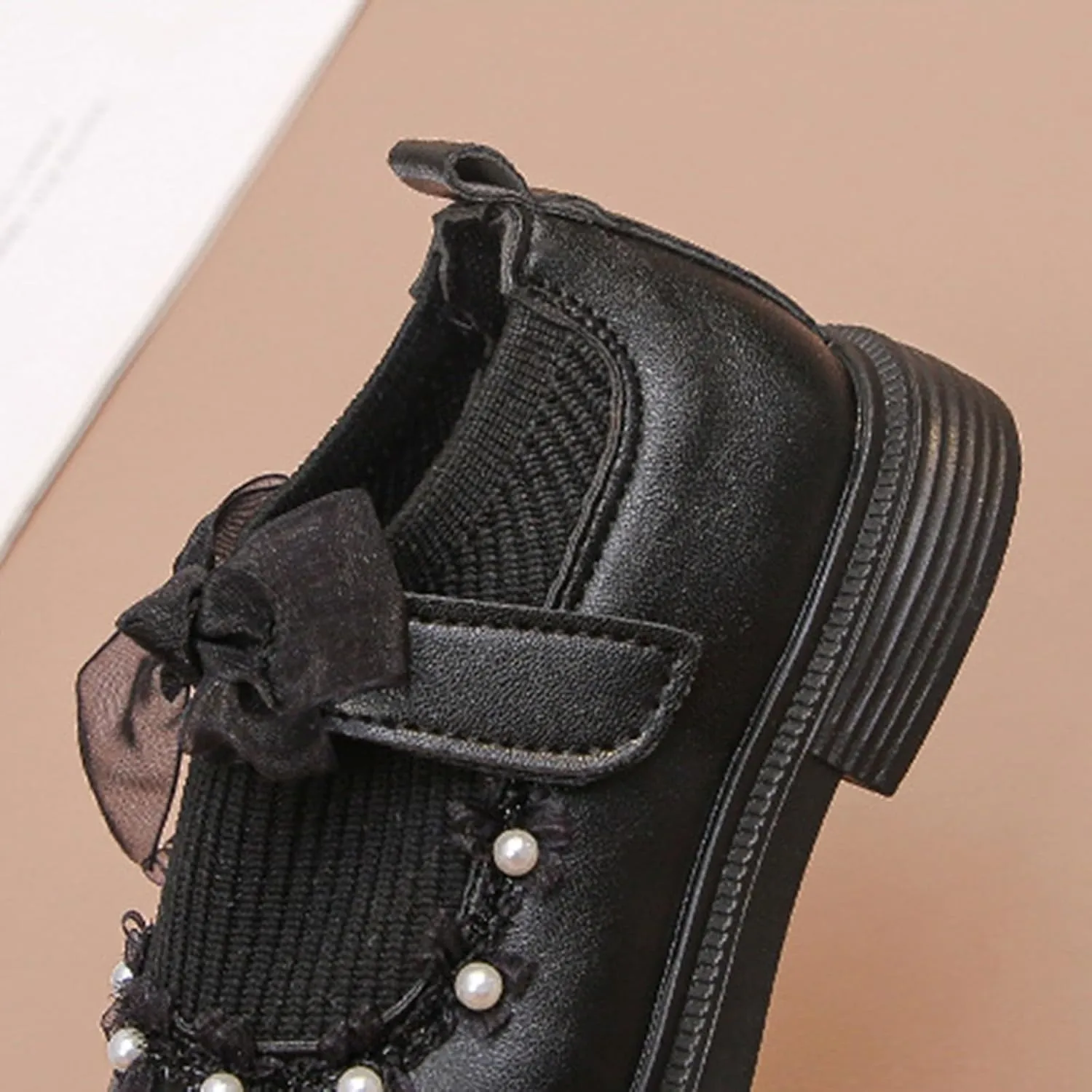 Mary Jane Girls Shoes Pearls Bow Knot School xford Flat Non-Slip Hook and Loop Leather Lightweight Shoes