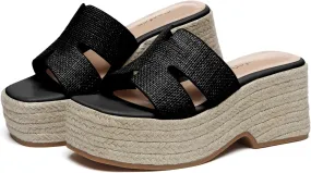 Platform Espadrille Sandals for Women Slip-On Wedge Slides Fashionable Open-Toe Chunky Sandals for Summer Outdoor Beach