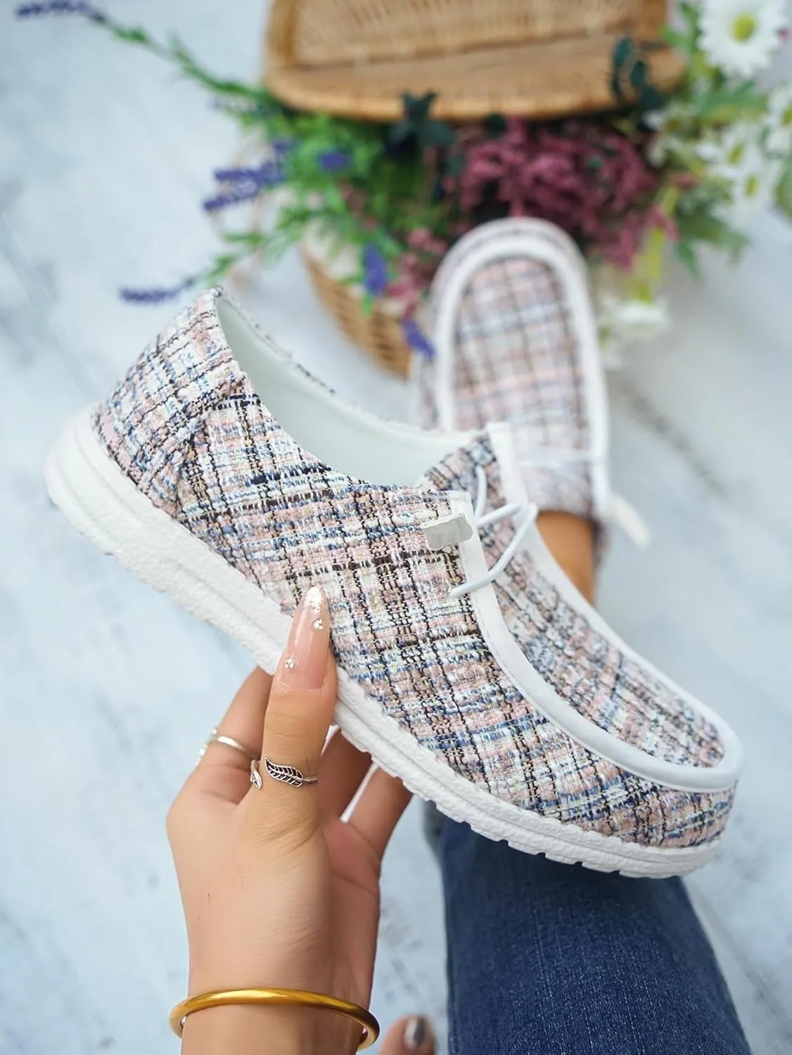 Shesnugin|Women's Black Fabric Slip On Casual Loafers Comfortable Lightweight Breathable Canvas Lace-Up Walking Flat Boat Shoes Ultralight Sole Wide Deck Shoes for Work and Traveling