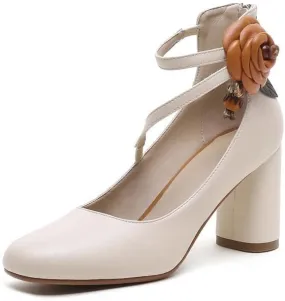 TinaCus Handmade Women's Elegant Genuine Leather Décor Flower Ankle Strap Round Toe High Block Heel Pumps Shoes