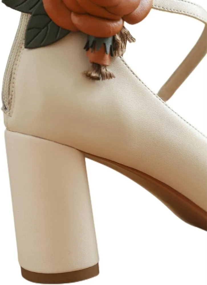 TinaCus Handmade Women's Elegant Genuine Leather Décor Flower Ankle Strap Round Toe High Block Heel Pumps Shoes
