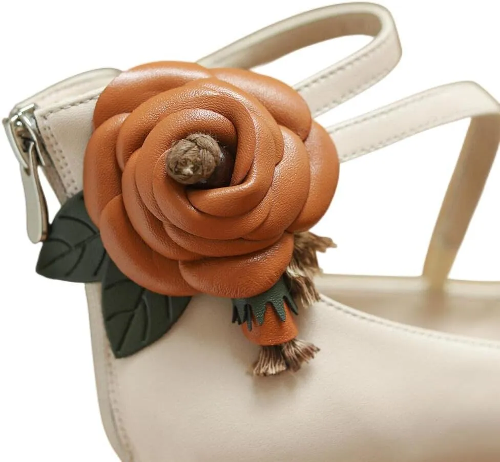 TinaCus Handmade Women's Elegant Genuine Leather Décor Flower Ankle Strap Round Toe High Block Heel Pumps Shoes