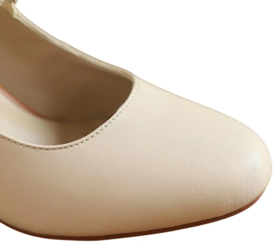 TinaCus Handmade Women's Elegant Genuine Leather Décor Flower Ankle Strap Round Toe High Block Heel Pumps Shoes