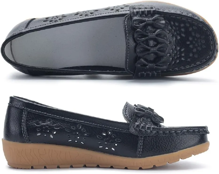 WERWAES Casual Leather Loafers for Womens Hot Classic Fashion Bow-Knot Slip on Ladies Flats Loafers Office Walking Outdoor Penny Loafers Moccasins Boat Shoes