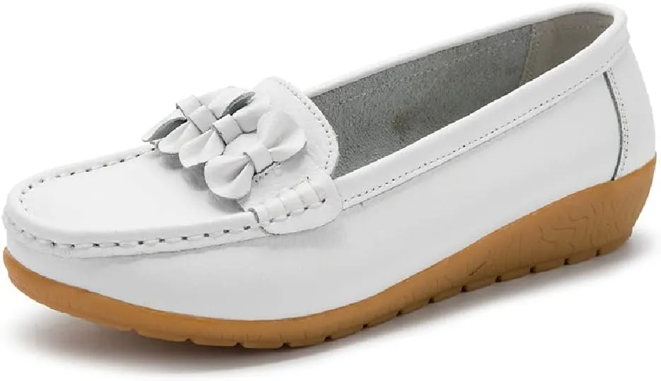 WERWAES Casual Leather Loafers for Womens Hot Classic Fashion Bow-Knot Slip on Ladies Flats Loafers Office Walking Outdoor Penny Loafers Moccasins Boat Shoes