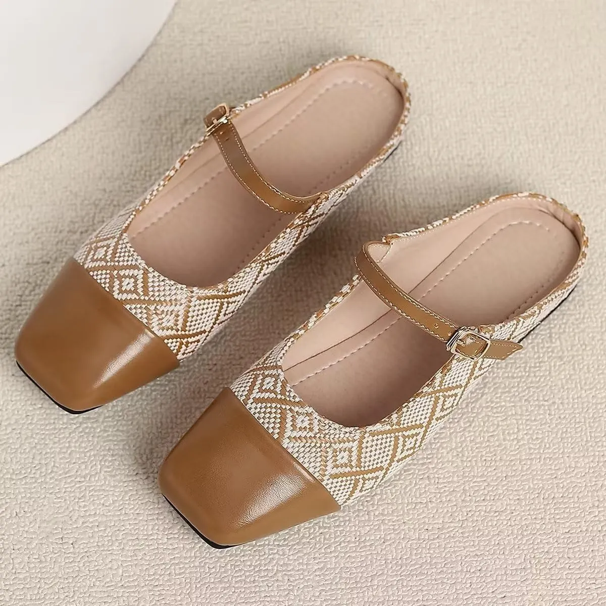 Women Mules Elegant Dressy Flats Closed Toe Microfiber Leather Shoes Adjustable Buckle Strap Mary Jane Casual Office Shoes