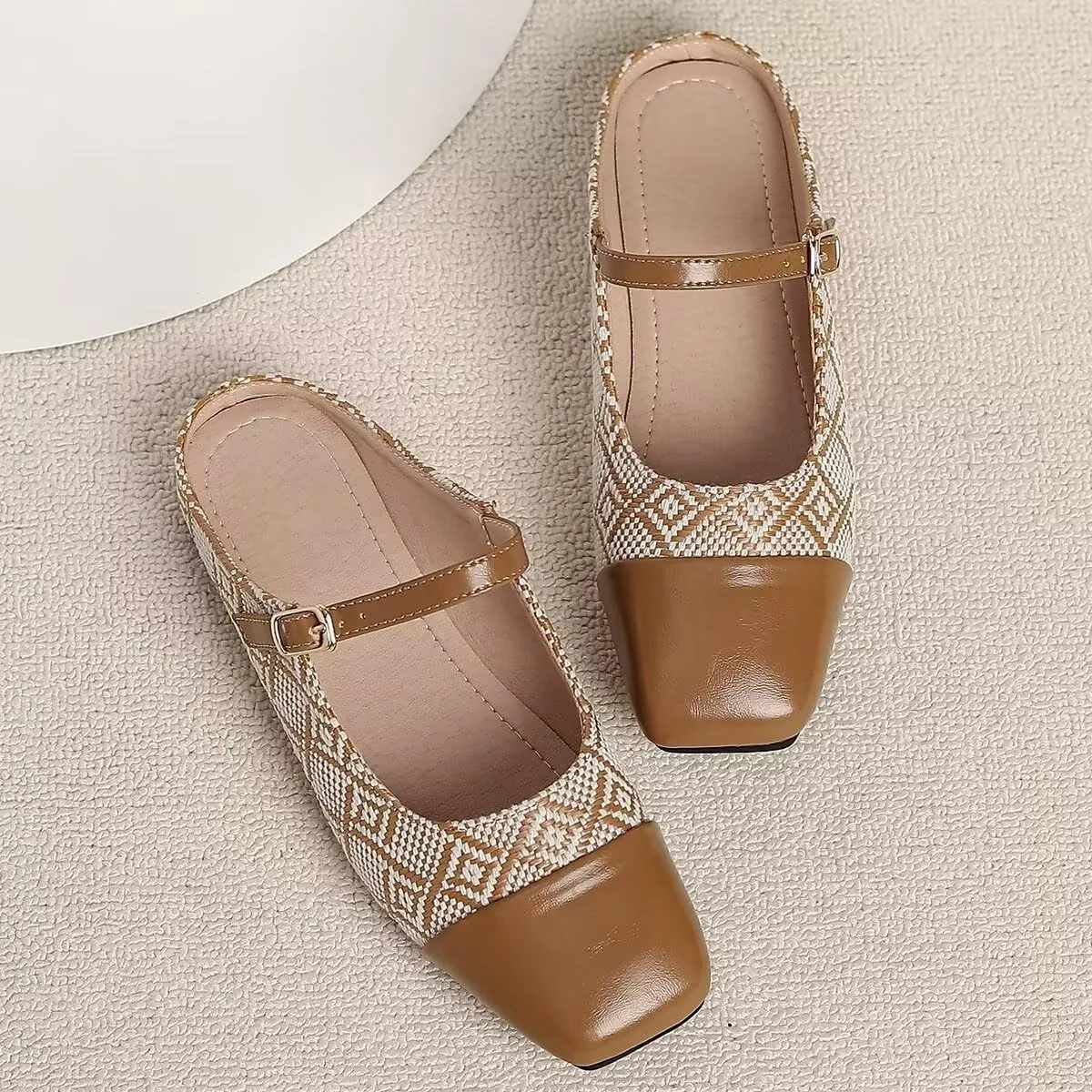Women Mules Elegant Dressy Flats Closed Toe Microfiber Leather Shoes Adjustable Buckle Strap Mary Jane Casual Office Shoes