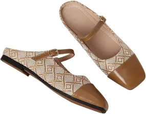Women Mules Elegant Dressy Flats Closed Toe Microfiber Leather Shoes Adjustable Buckle Strap Mary Jane Casual Office Shoes