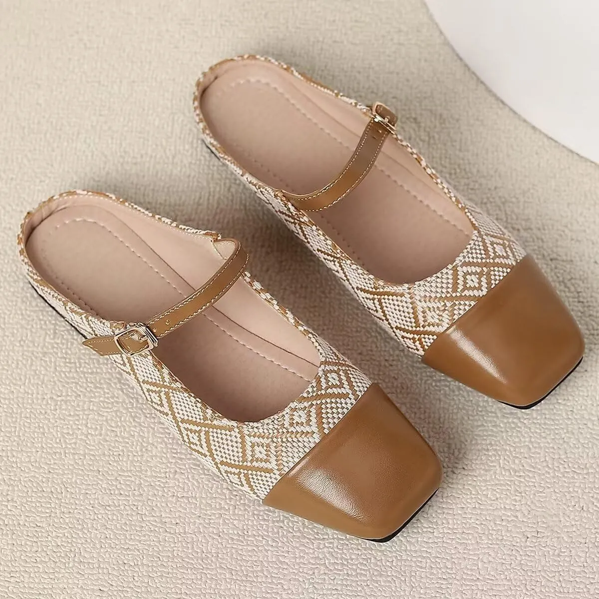 Women Mules Elegant Dressy Flats Closed Toe Microfiber Leather Shoes Adjustable Buckle Strap Mary Jane Casual Office Shoes