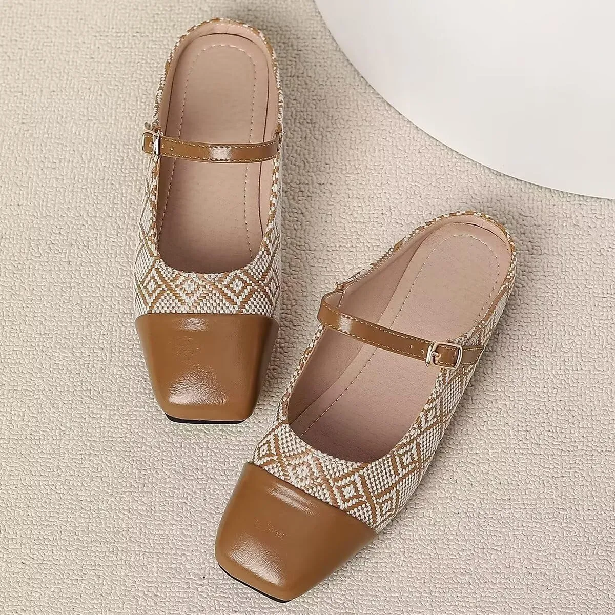 Women Mules Elegant Dressy Flats Closed Toe Microfiber Leather Shoes Adjustable Buckle Strap Mary Jane Casual Office Shoes