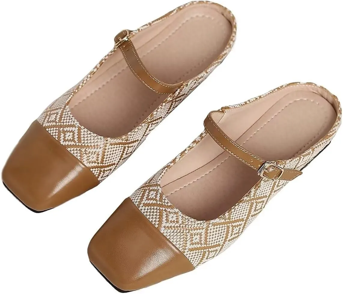Women Mules Elegant Dressy Flats Closed Toe Microfiber Leather Shoes Adjustable Buckle Strap Mary Jane Casual Office Shoes