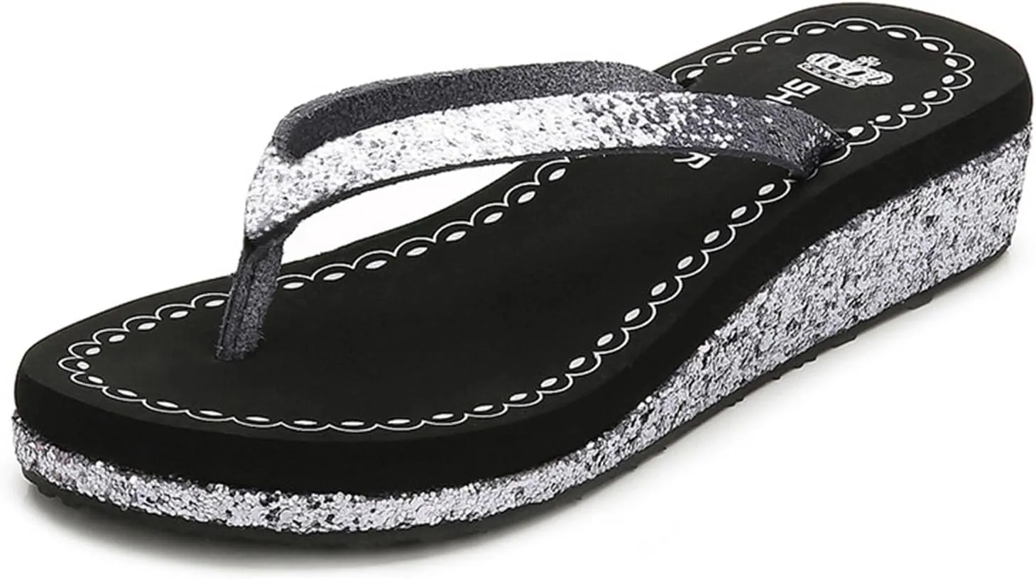 Women's Fashionable Thick Bottom Glittering Sequin Flip Flops Summer Beach Comfortable Arch Supported Flip Flops