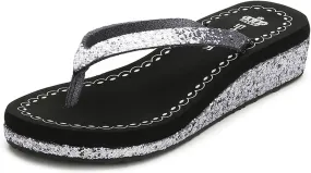 Women's Fashionable Thick Bottom Glittering Sequin Flip Flops Summer Beach Comfortable Arch Supported Flip Flops