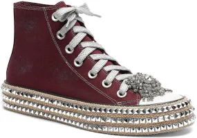 Womens High-Top Canvas Sneakers Studded Rhinestone Side Shoes Lace Up Fashion Shoes Casual Platform Ankle Boots