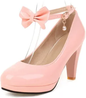 Women's Platform High Heel Dress Shoes Leather Elegant Bow Ankle Strap Round Toe Prom Party Pumps