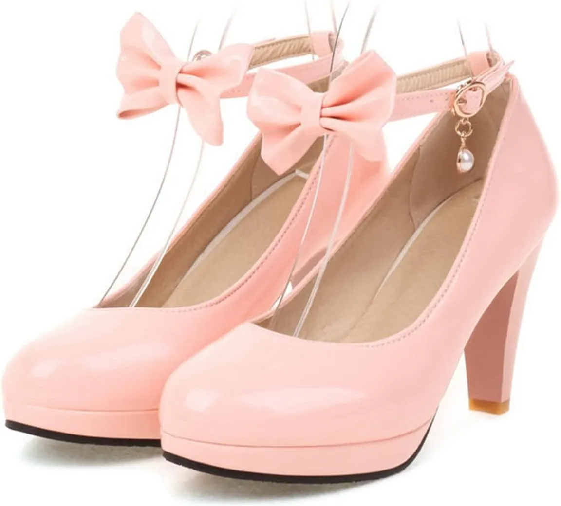 Women's Platform High Heel Dress Shoes Leather Elegant Bow Ankle Strap Round Toe Prom Party Pumps