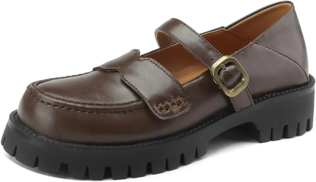 Women's Platform Round Closed Toe Pump Loafers Adjustable Buckle Comfortable Chunky Mid Heel Office Work Casual Fashion Business Dress Shoes All Weather Daily Wear Flats