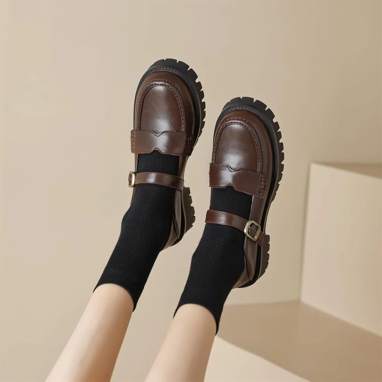 Women's Platform Round Closed Toe Pump Loafers Adjustable Buckle Comfortable Chunky Mid Heel Office Work Casual Fashion Business Dress Shoes All Weather Daily Wear Flats